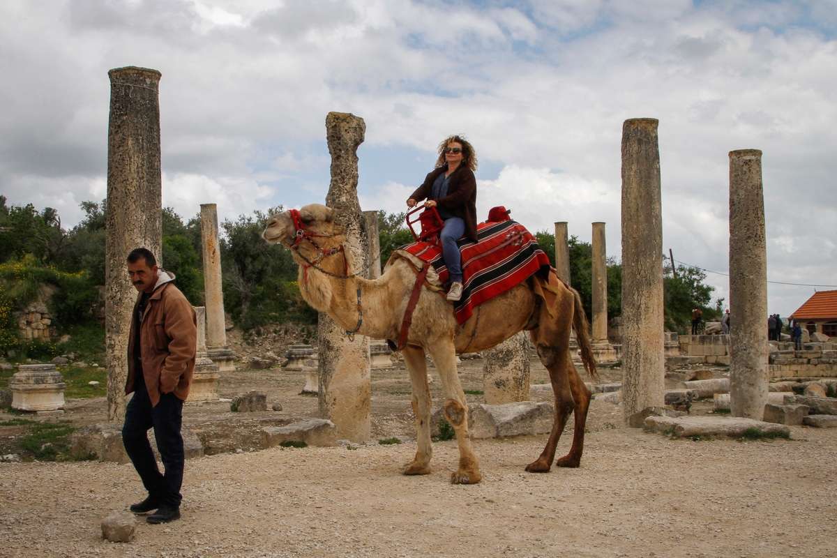 Israelis besichtigen die spärlichen sichtbaren Überreste von Sebastia. Das gesamte Gebiet ist reich an archäologischen Schätzen, bleibt aber aus Sicherheitsgründen weitgehend unberührt. Foto von Nasser Ishtayeh/Flash90