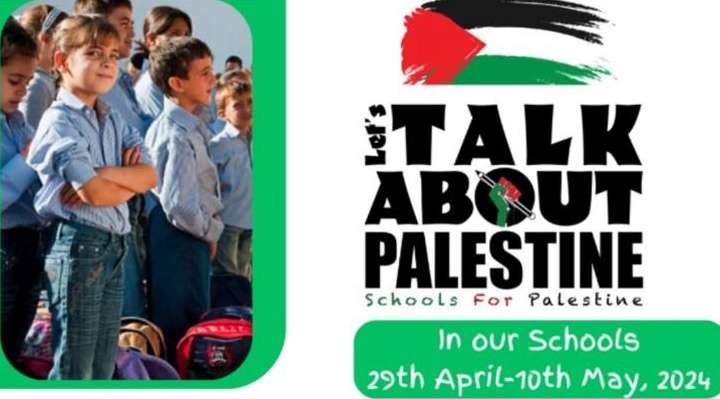 Eine Anzeige, in der Eltern, Schüler und Lehrkräfte aufgefordert werden, an irischen Schulen für "Palästina" zu werben.