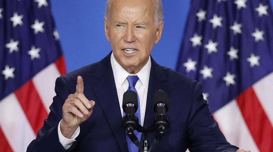 US-Präsident Joe Biden hält eine Pressekonferenz anlässlich des NATO-Gipfels 2024 am 11. Juli 2024 in Washington, DC. Foto von Kevin Dietsch/Getty Images.