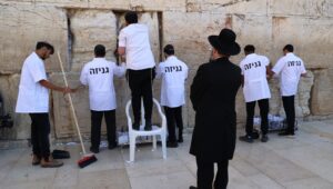 Zettel mit Bitten an Gott werden von der Klagemauer entfernt, damit auch sie sauber für Pessach ist. Foto: Itamar Eichner