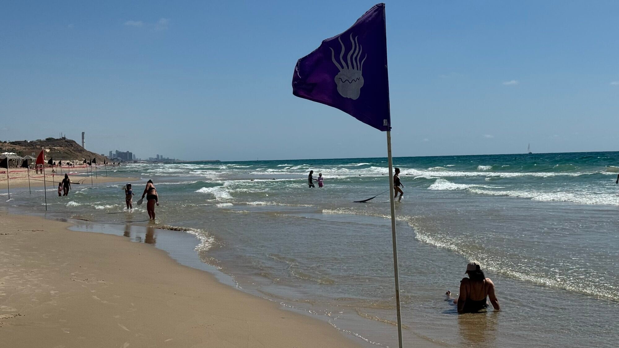 Badegäste schwimmen am 7. Juli 2025 an einem Strand in Tel Aviv in der Nähe einer violetten Flagge, die vor Quallen warnt. Foto: Howard Blas.