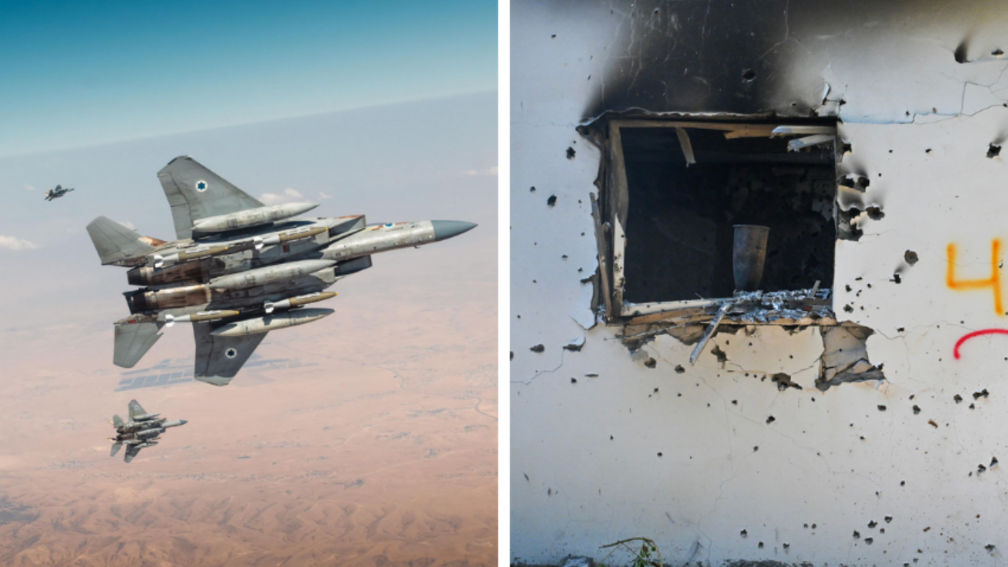 F-15I-Kampfflugzeuge auf dem Weg zu einem Angriff im Iran, Juni 2025; Zerstörung im Kibbuz Be'eri nach dem Einmarsch der Hamas am 7. Oktober 2023. Fotos: Israelische Streitkräfte, Kobi Gideon/GPO.