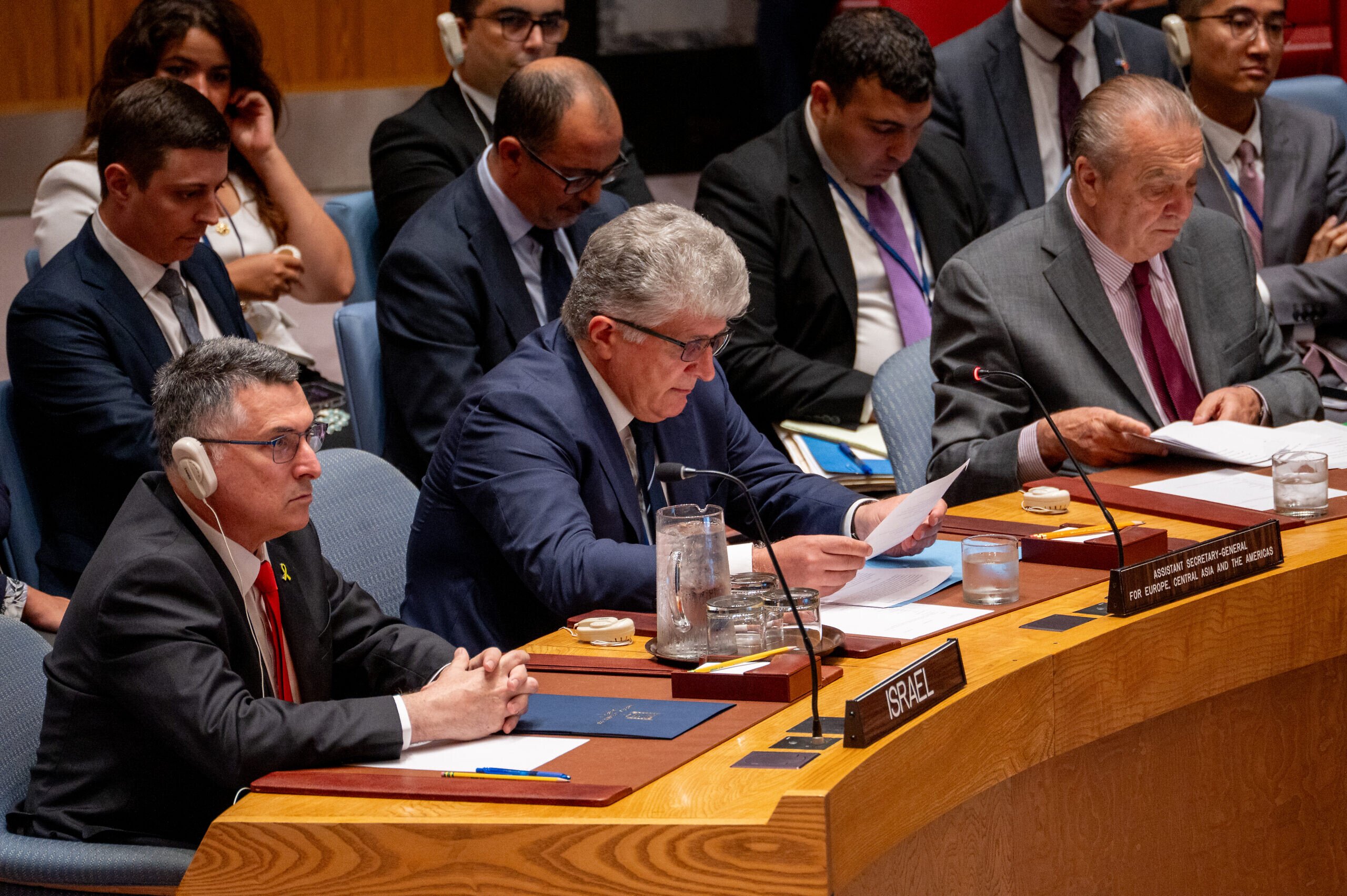Gideon Sa'ar, israelischer Außenminister, bei einem Treffen im Hauptquartier der Vereinten Nationen in New York City über den Gesundheitszustand der im Gazastreifen festgehaltenen Geiseln, 5. August 2025. Foto: Liri Agami/Flash90.