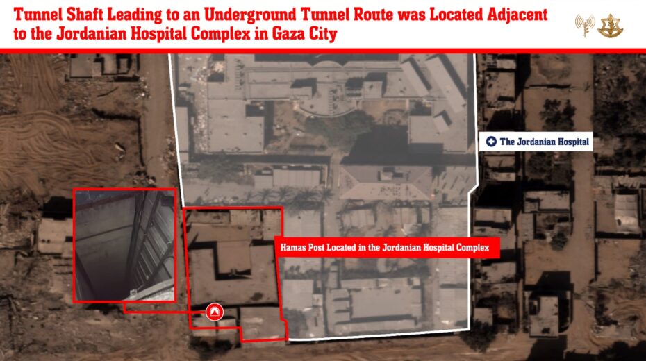Infografik, die den Standort eines Eingangs zu einem Tunnel der Hamas und einer unterirdischen Waffenwerkstatt in der Nähe des Jordanian Hospital in Gaza-Stadt zeigt. Quelle: Sprecher der israelischen Streitkräfte