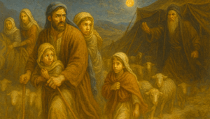 Jakob und seine Familie auf der Flucht. KI generiert