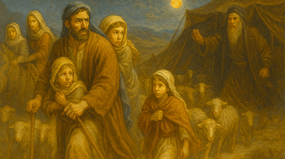 Jakob und seine Familie auf der Flucht. KI generiert