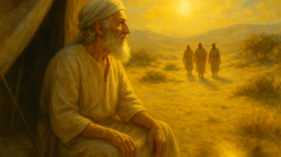 Abraham sitzt vor seinem Zelt. Bild erstellt mit KI