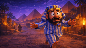 Pharao sucht nach Mose und hat vergessen, sich anzuziehen. KI-Erstellt