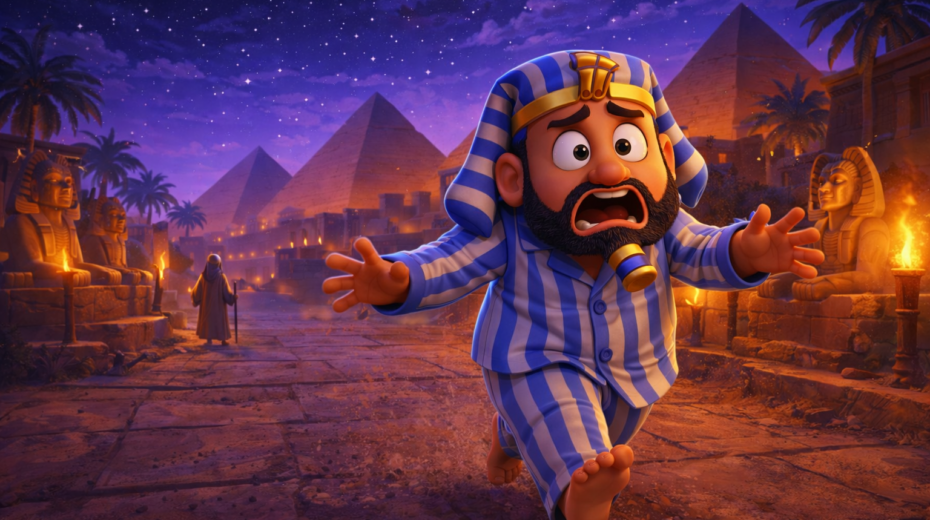 Pharao sucht nach Mose und hat vergessen, sich anzuziehen. KI-Erstellt