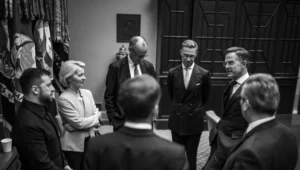 Von links: Der ukrainische Präsident Wolodymyr Selenskyj, die Präsidentin der Europäischen Kommission Ursula von der Leyen, der deutsche Bundeskanzler Friedrich Merz, der finnische Präsident Alexander Stubb, der britische Premierminister Keir Starmer und der französische Präsident Emmanuel Macron warten im Roosevelt Room, während US-Präsident Donald Trump im Oval Office des Weißen Hauses ein Telefonat mit dem russischen Präsidenten Wladimir Putin führt, 18. August 2025. Bildnachweis: Daniel Torok/Weißes Haus.