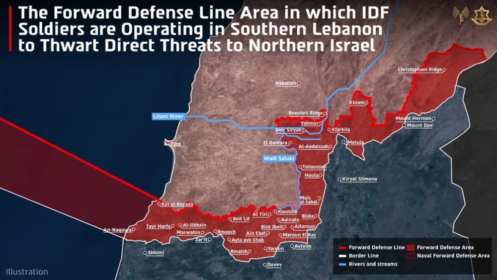 Eine von den israelischen Streitkräften erstellte Karte der neuen Sicherheitszone im Südlibanon, April 2026. Quelle: Sprecher der israelischen Streitkräfte.