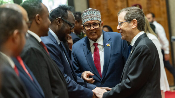 Der israelische Präsident Isaac Herzog mit dem Präsidenten von Somaliland, Abdirahman Abdullahi Mohamed, während einer Feier in der Präsidentenresidenz in Jerusalem am 14. Juni 2026. Foto: Chaim Goldberg/Flash90