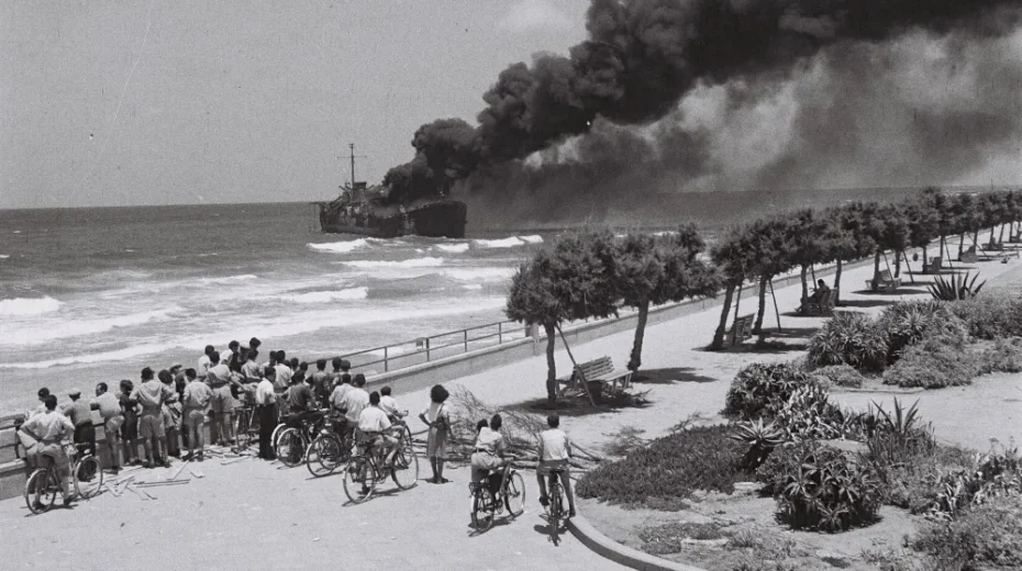 Das Irgun-Schiff „Altalena“ brennt vor der Küste von Tel Aviv, nachdem es am 22. Juni 1948 von der IDF beschossen wurde. Foto: Hans Pinn via Wikimedia.